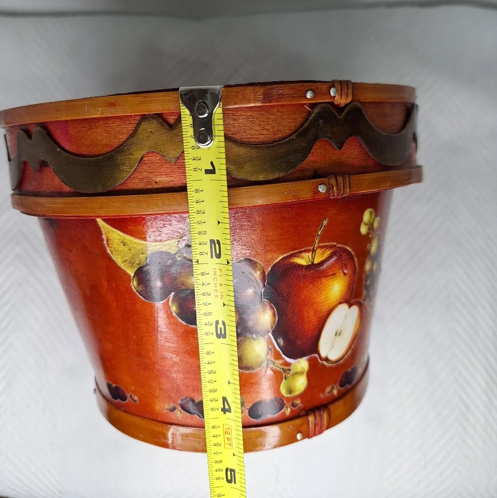 Fruit-Themed Decorative Wooden Basket w Brass Accent.